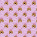 A seamless pattern with spaniel dogs in pink hats, hearts and text Royalty Free Stock Photo